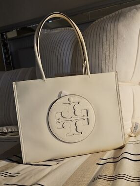 Tory Burch Cream Leather Logo Tote